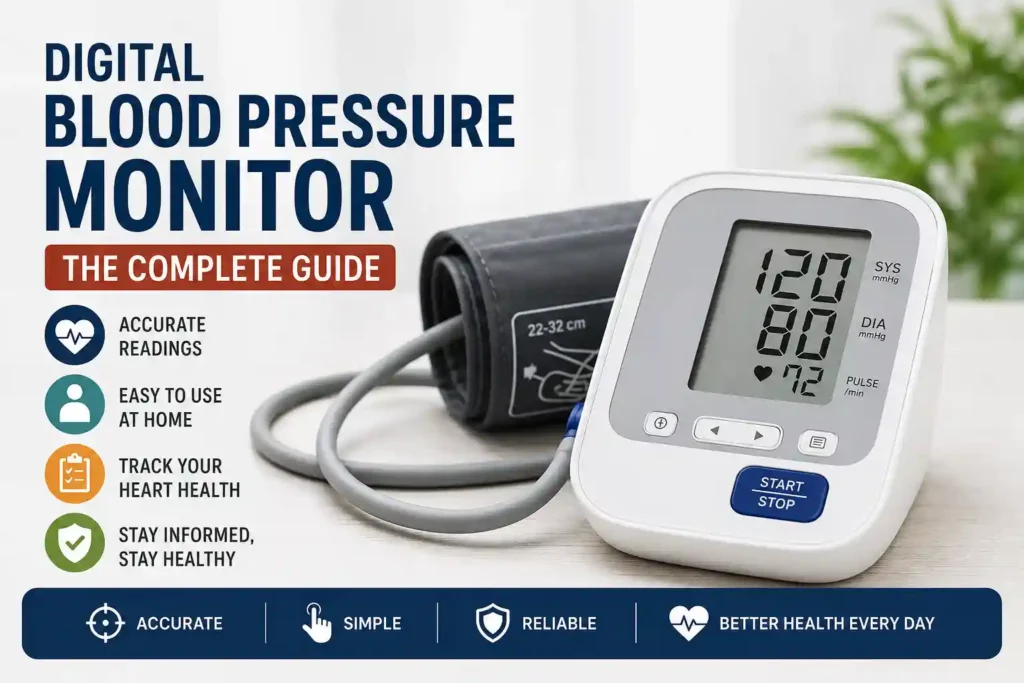 Doctor measuring blood pressure using a digital blood pressure monitor.