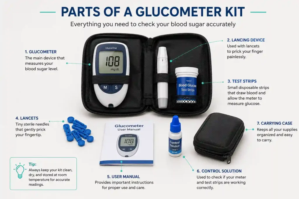 Glucometer kit with meter test strips lancet and lancing device