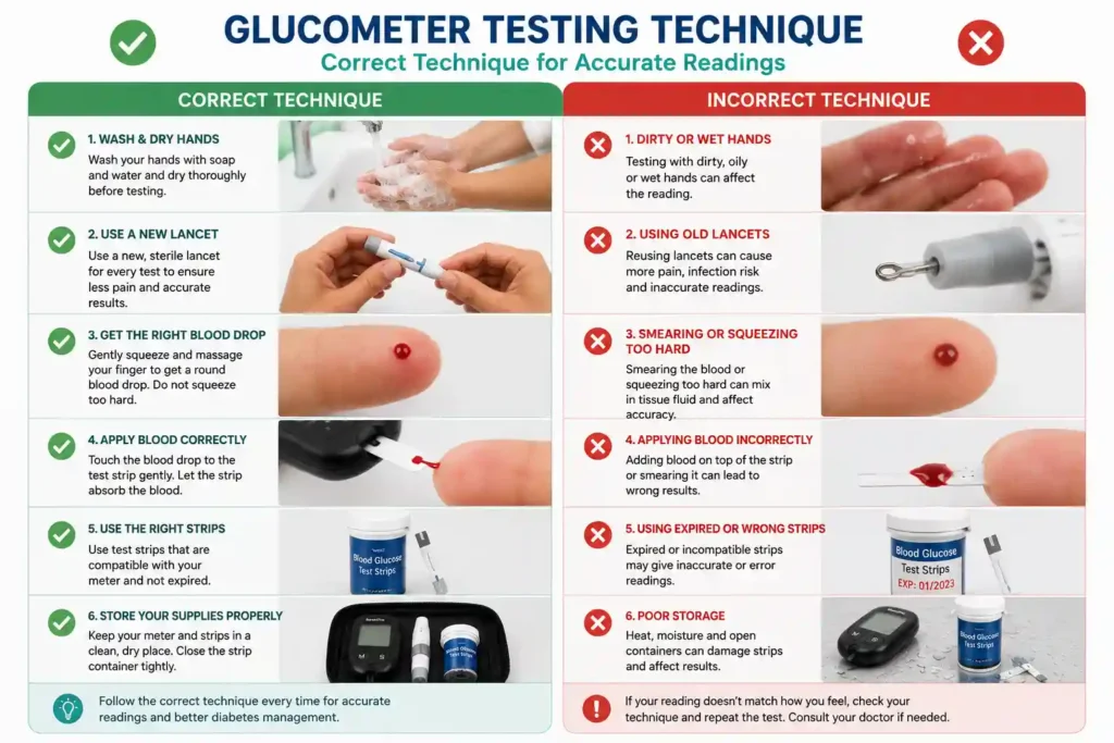 Correct and incorrect glucometer blood sugar testing techniques