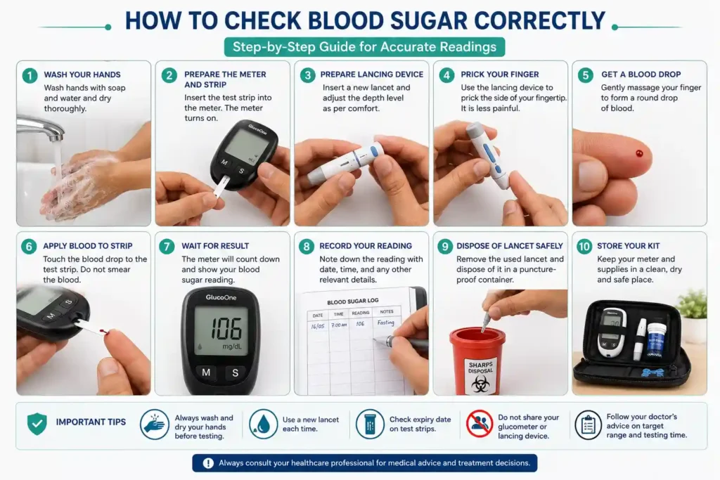 Step-by-step guide showing how to check blood sugar with a glucometer