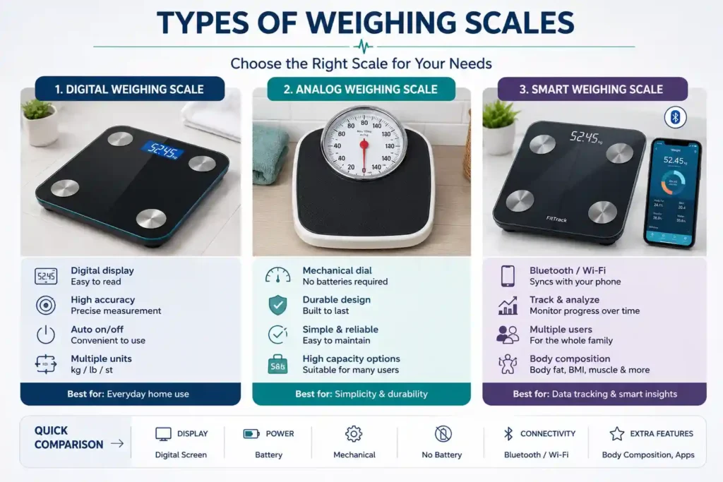 Types of weighing scales including digital analog and smart scales