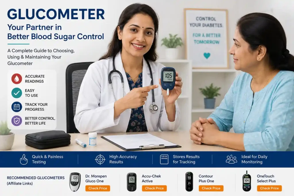 Doctor demonstrating how to use a glucometer to check blood sugar